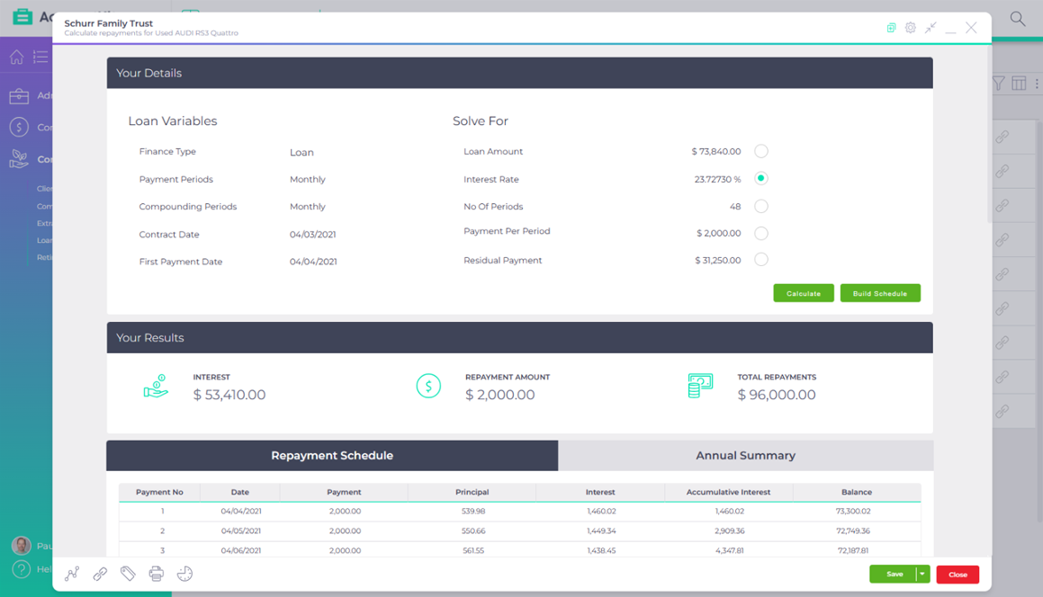 AccountKit Flexible loan calculator product interface