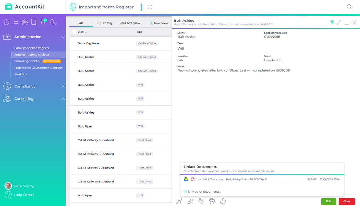 AccountKit Important items register product interface
